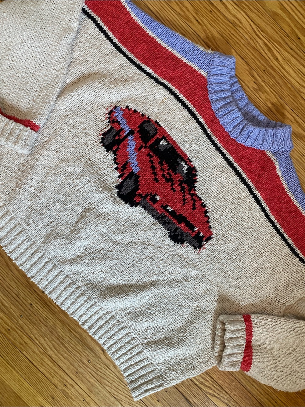 Free People Cream Crewneck Sweater with Red & Lavender Accents